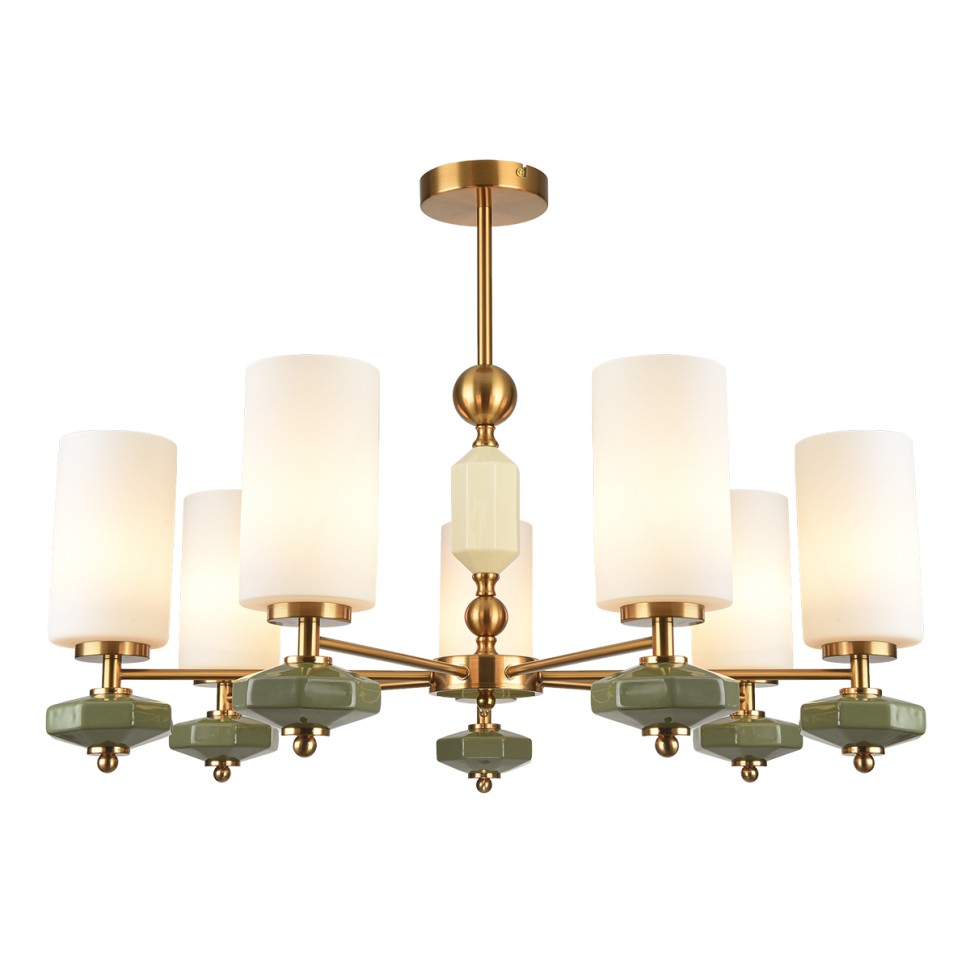 8427/7C LUMION Потолочная люстра на штанге MILA, E27*7*60W, 75см диаметр, латунь/белый/зеленый, металл/керамика/стекло