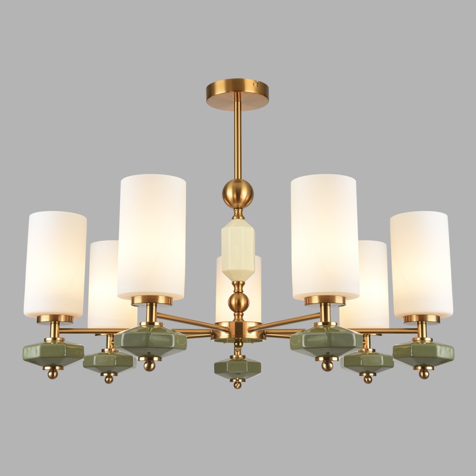 8427/7C LUMION Потолочная люстра на штанге MILA, E27*7*60W, 75см диаметр, латунь/белый/зеленый, металл/керамика/стекло