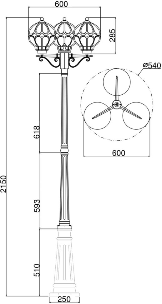 O023FL-03G MAYTONI Via уличный фонарный столб IP44, E27*3*100W, коричневый с золотом, 215см