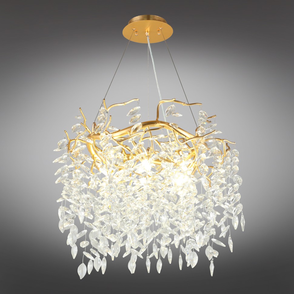 APL.847.03.10 APLOYT Подвесная хрустальная люстра Gertunia, G9*10*5W, золото, 60см диаметр, ветки, листья