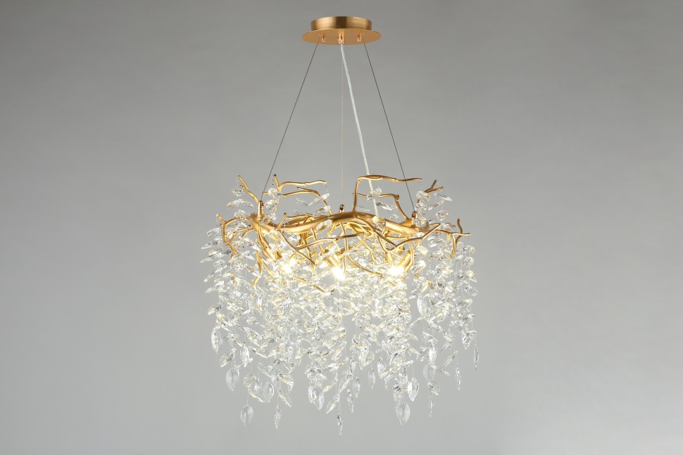APL.847.03.10 APLOYT Подвесная хрустальная люстра Gertunia, G9*10*5W, золото, 60см диаметр, ветки, листья