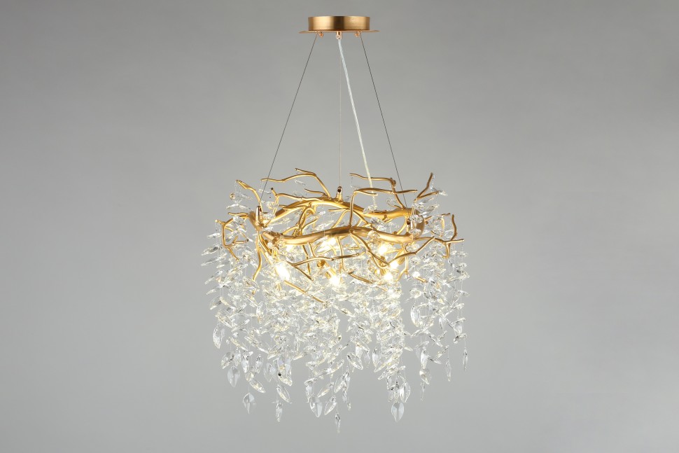 APL.847.03.10 APLOYT Подвесная хрустальная люстра Gertunia, G9*10*5W, золото, 60см диаметр, ветки, листья