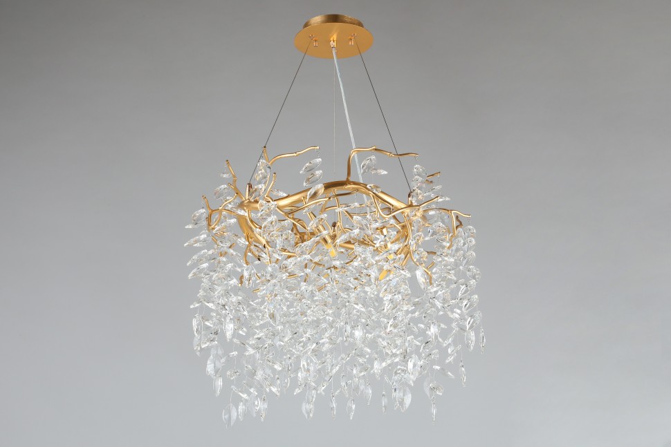 APL.847.03.10 APLOYT Подвесная хрустальная люстра Gertunia, G9*10*5W, золото, 60см диаметр, ветки, листья