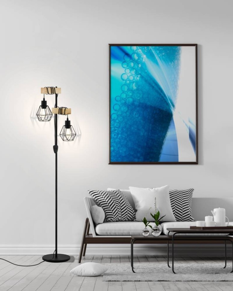 44081 Eglo Торшер в стиле Лофт с деревом и 2 лампами Townshend 5, черный, бежевый