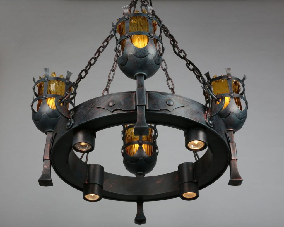 APL.500.03.08 APLOYT Simona подвесная люстра в замковом стиле "Факелы" под ковку, 8 ламп - 4хЕ27 + 4хGU10