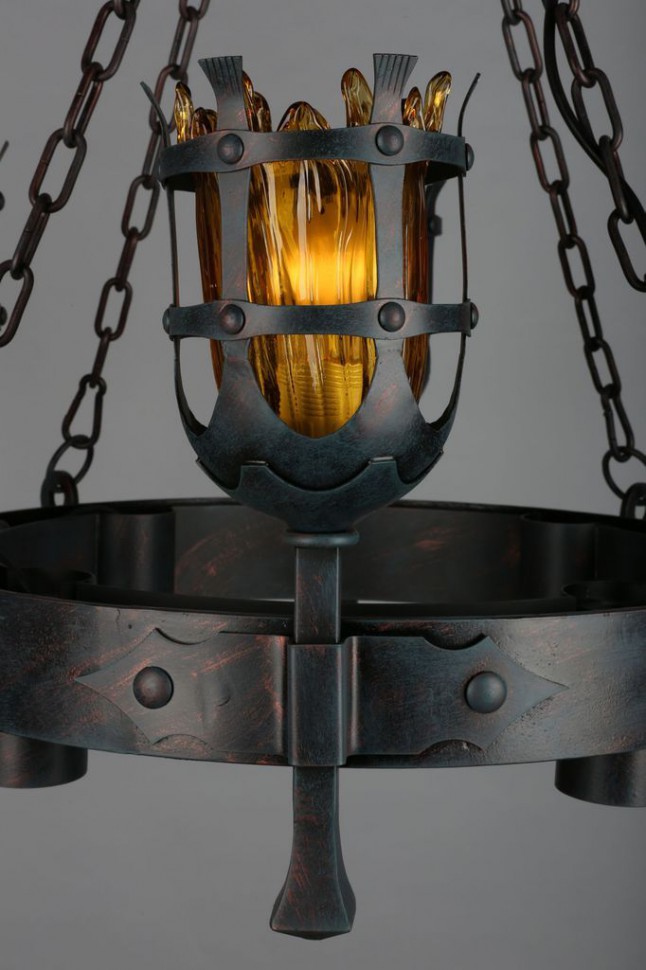 APL.500.03.08 APLOYT Simona подвесная люстра в замковом стиле "Факелы" под ковку, 8 ламп - 4хЕ27 + 4хGU10