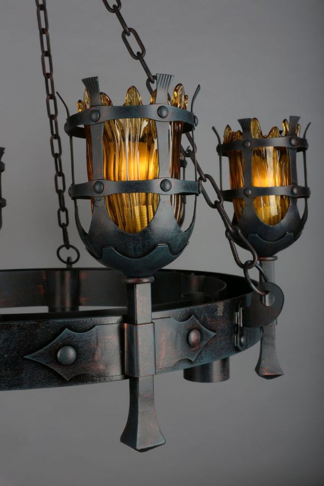 APL.500.03.12 APLOYT Simona подвесная люстра в замковом стиле "Факелы" под ковку, диаметр 90см, 12 ламп - 6хЕ27 + 6хGU10