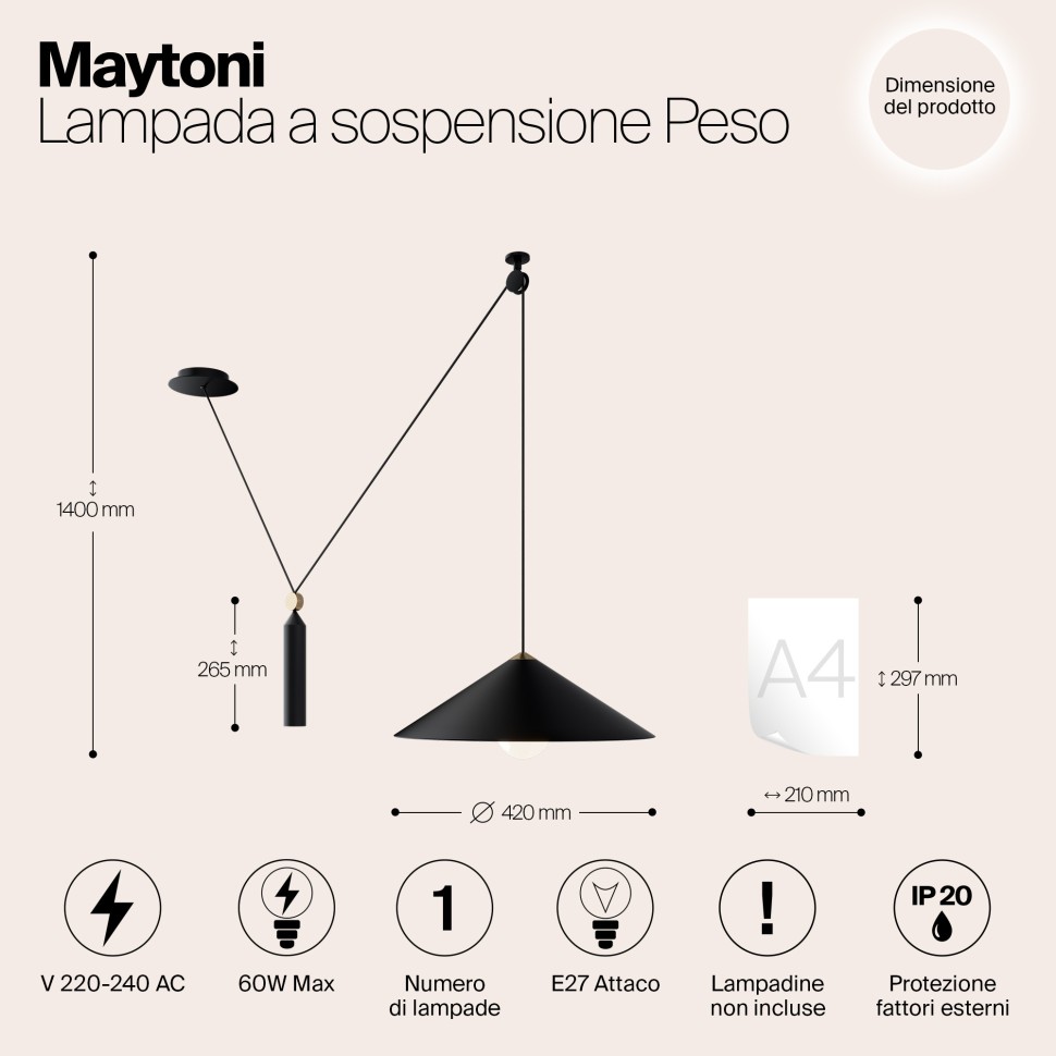 P080PL-01B Maytoni Technical черный подвесной светильник Peso, E27*1*60W