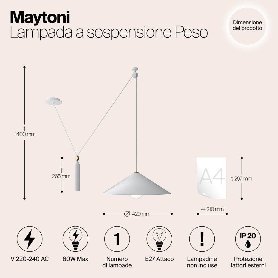 P080PL-01W Maytoni Technical белый подвесной светильник Peso, E27*1*60W