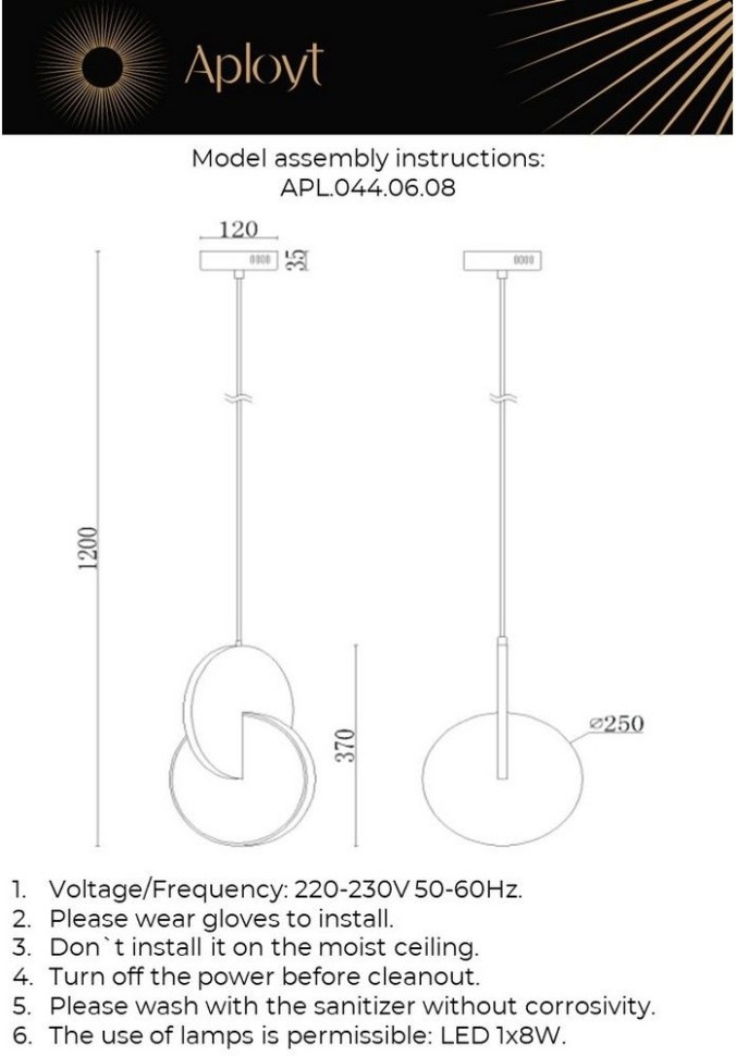 APL.044.06.08 APLOYT светодиодный подвес Mila, хром, 8W, 6000K
