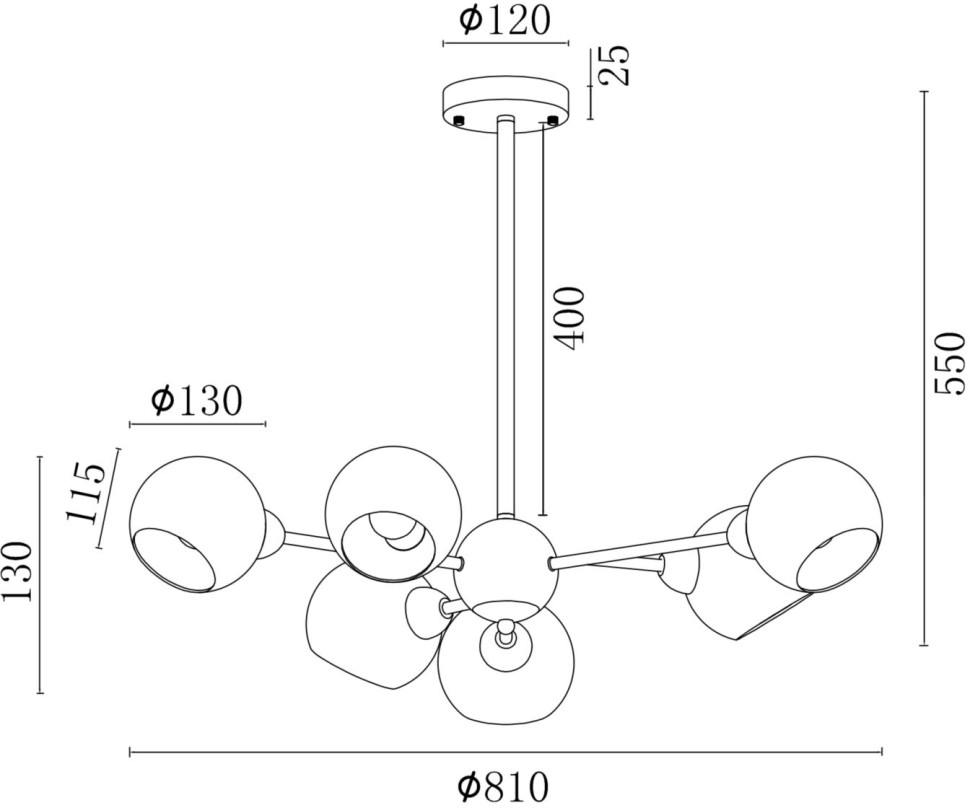 FR5121PL-06G FREYA потолочная люстра Sherry на штанге, E14*6*40W