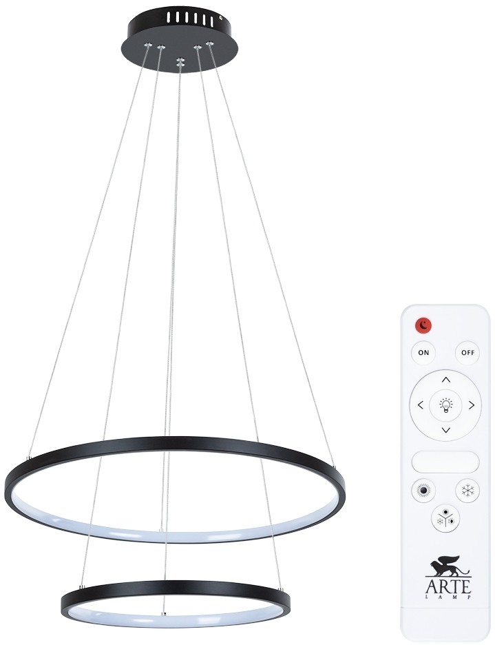 A2197SP-2BK ARTE LAMP черная светодиодная люстра 2 кольца Frodo 65W, 3000-6000K, 55см и 35см диаметр, с пультом