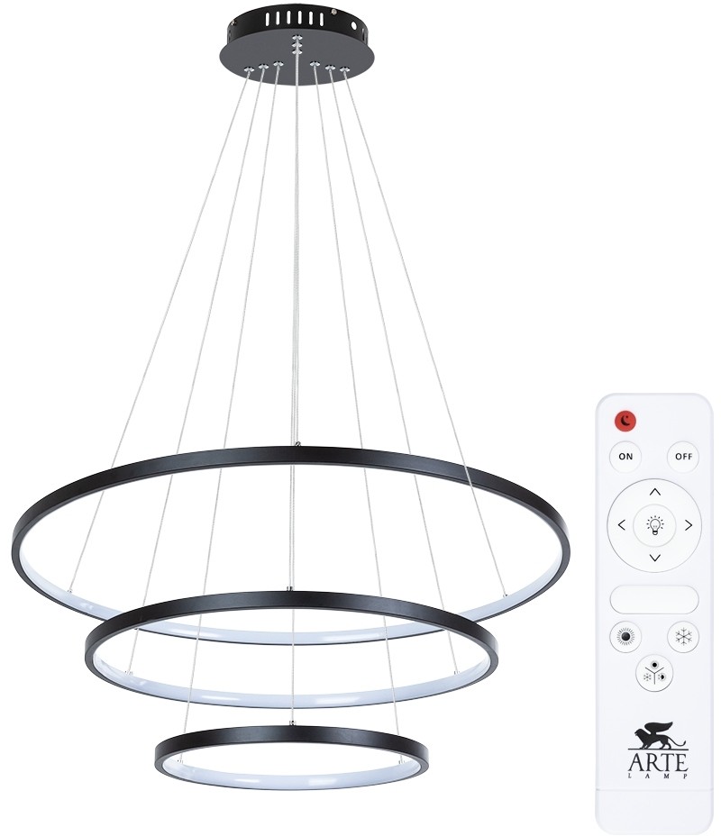 A2197SP-3BK ARTE LAMP черная светодиодная люстра 3 кольца Frodo 145W, 3000-6000K, 75-55-35см диаметр, с пультом