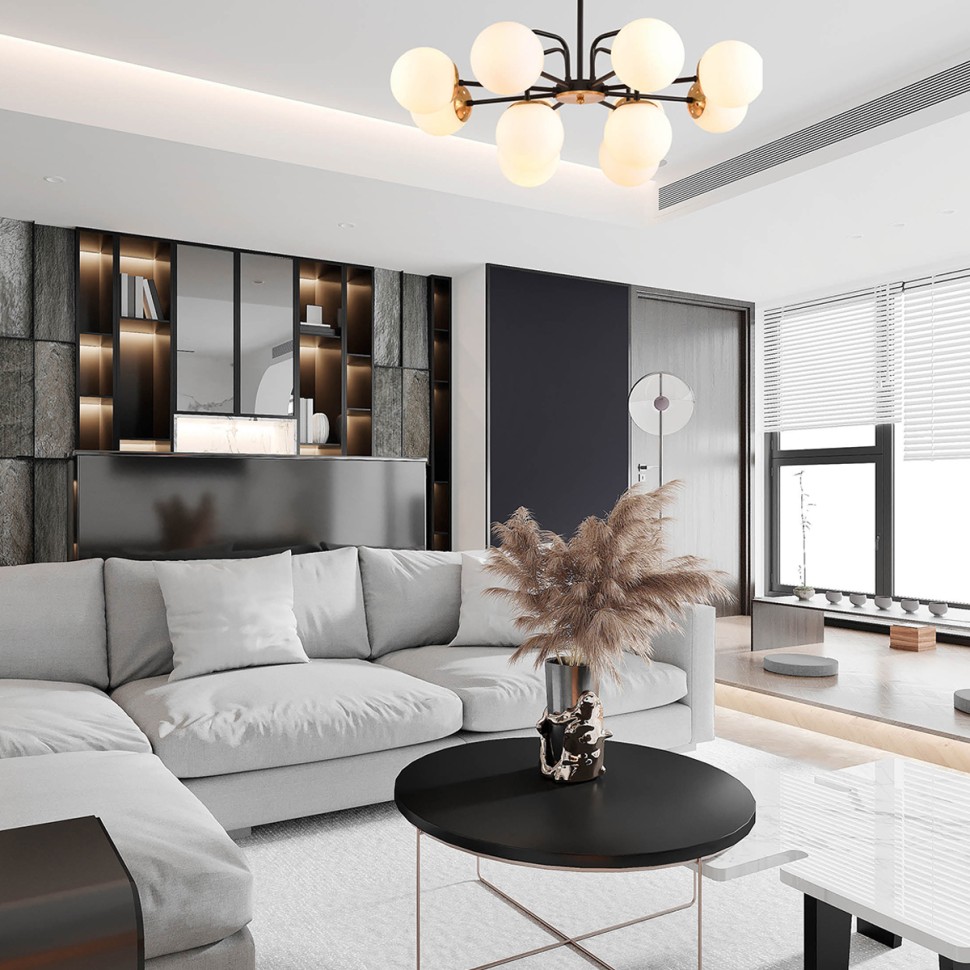 8375/12C Lumion MODERNI Люстра потолочная ELRONA E27*12*60W, черный/латунь/белый, металл/стекло, 48см диаметр, шарики 13см