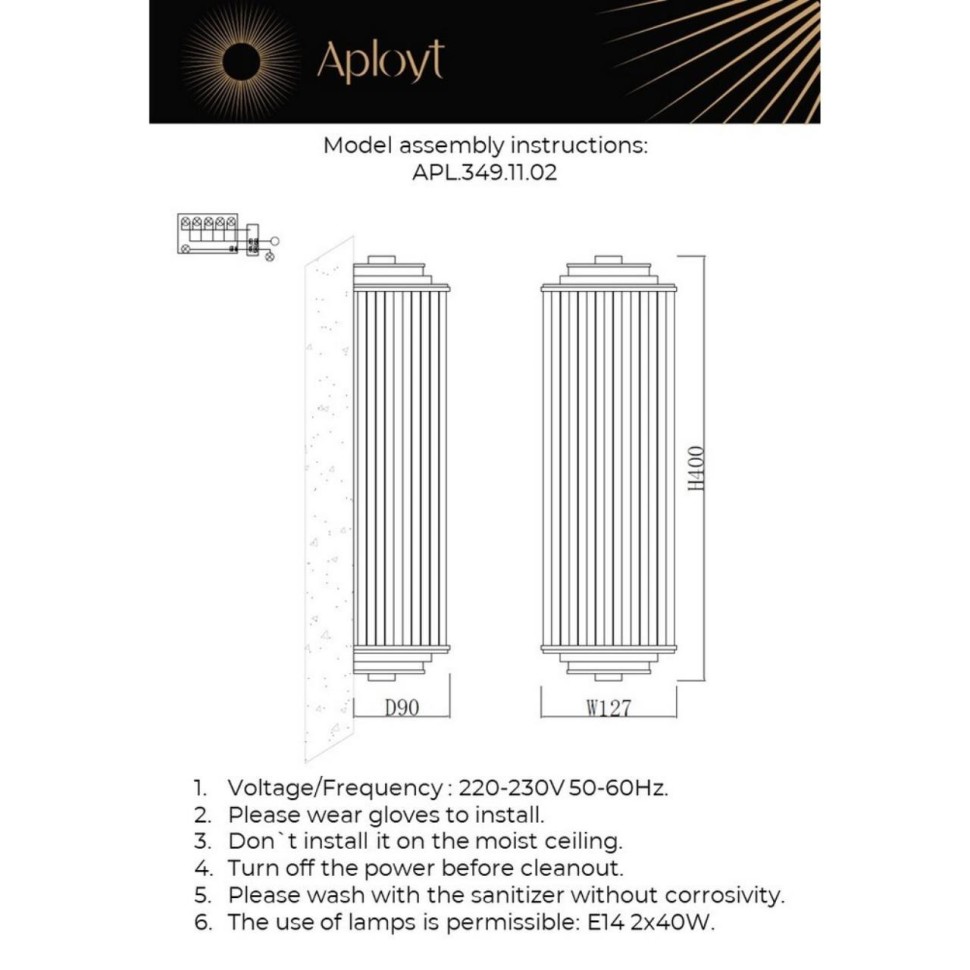 APL.349.11.02 Aployt Настенный светильник Klodina, латунь, E14*2*40W