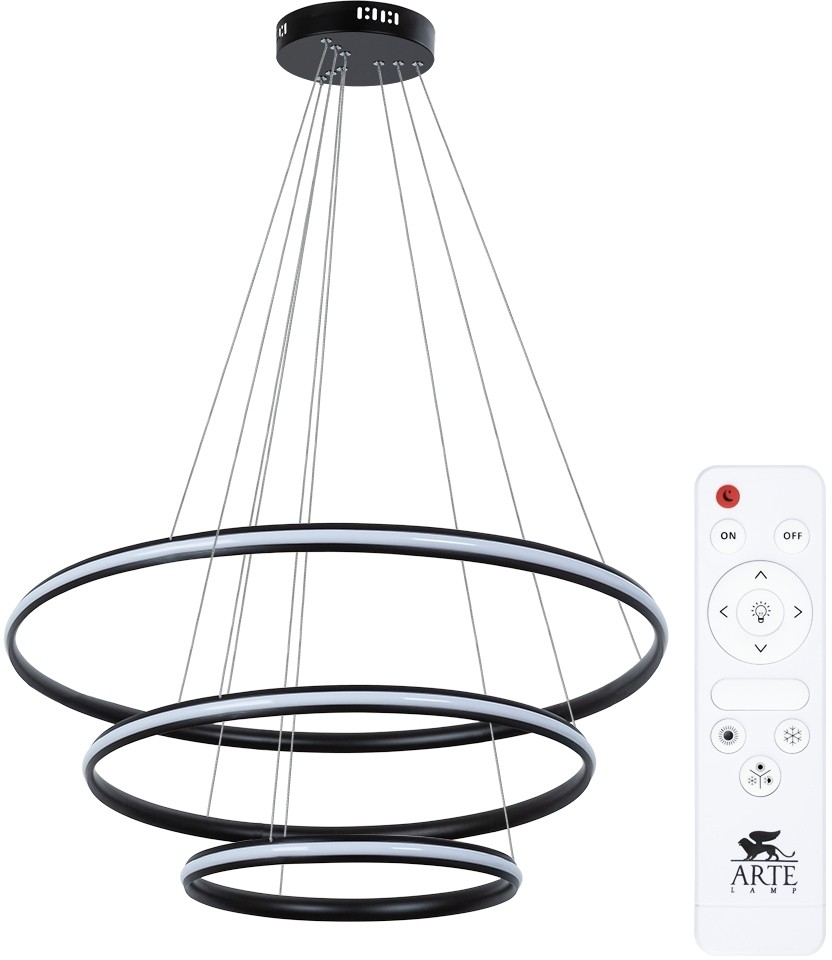 A2198SP-3BK ARTE LAMP подвесная светодиодная люстра 3 кольца Meridiana с пультом, 145W, 3000-6000K, 80-60-40см диаметр, черная