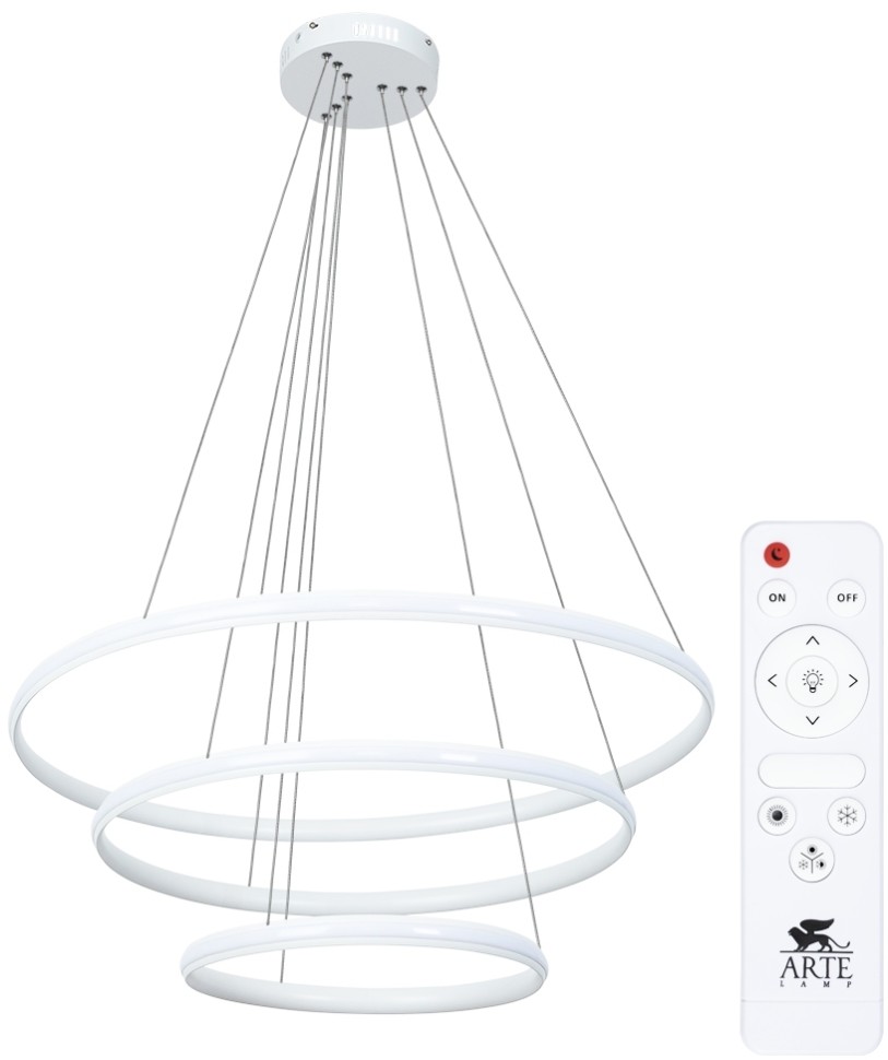 A2198SP-3WH ARTE LAMP подвесная светодиодная люстра 3 кольца Meridiana с пультом, 145W, 3000-6000K, 80-60-40см диаметр, белая