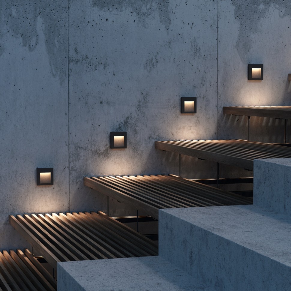 O038-L3B MAYTONI черная встраиваемая светодиодная подсветка ступеней Arca, IP65, 3W, 3000K